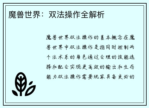 魔兽世界：双法操作全解析